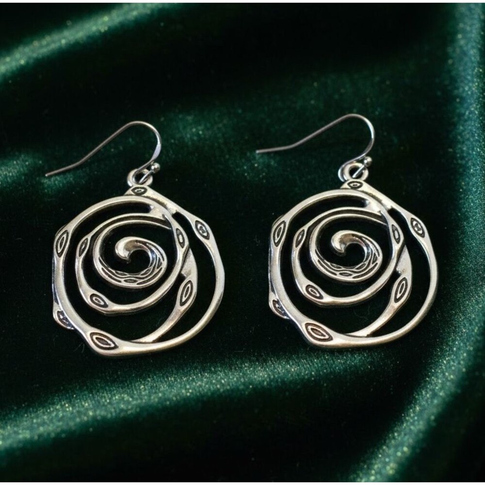 Silver Tone Earrings Circle Sweirl Open Dangly Pierced Hook
